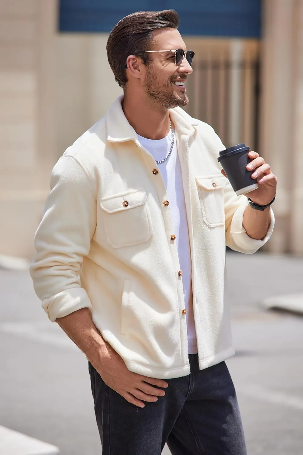 COOFANDY Men's Polar Fleece Shacket Long Sleeve Casual Button Down Shirt Jacket with Pockets