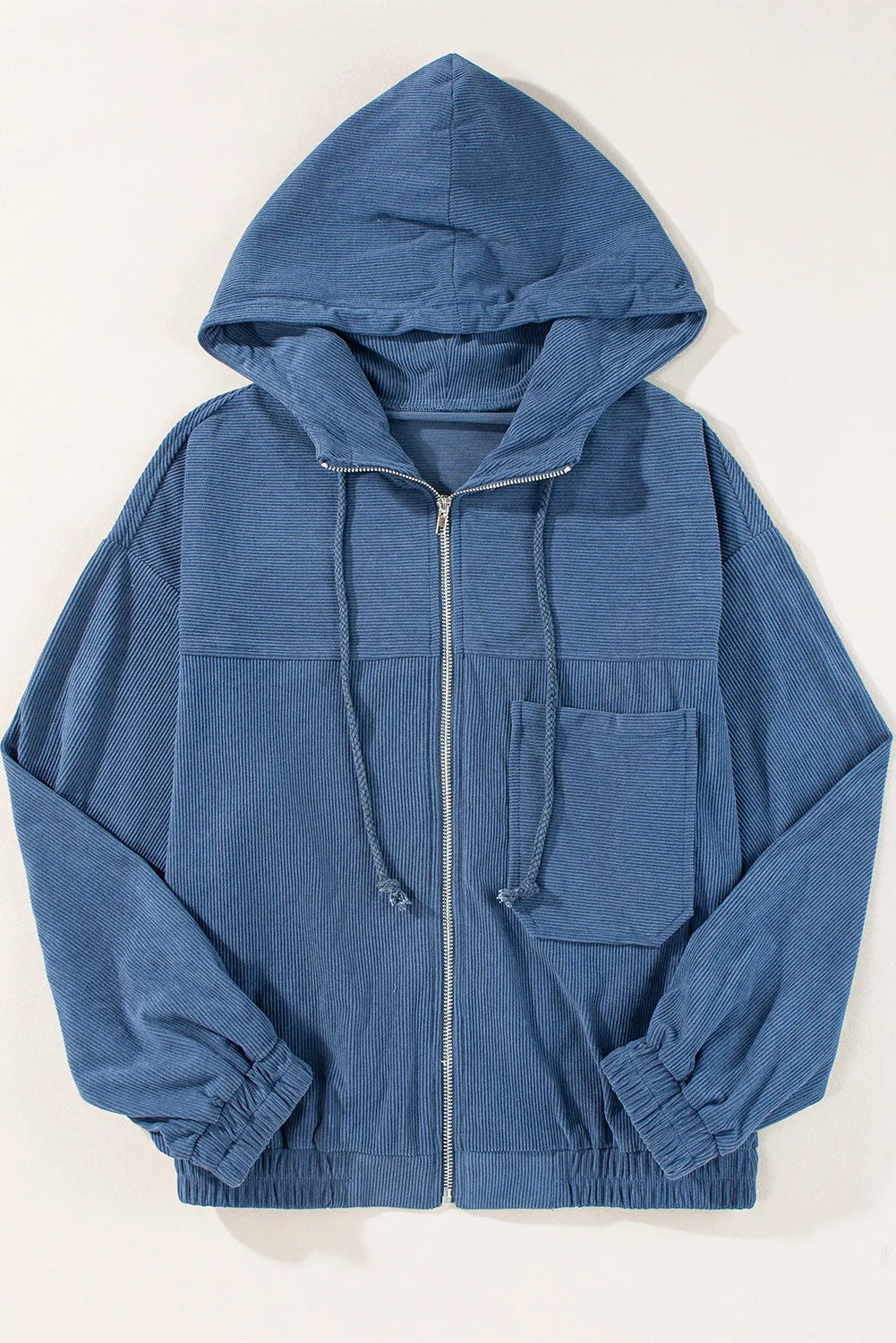 Corduroy Drawstring Hooded Pocket Zip Up Jacket