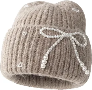 CORIRESHA Women's Cute Pearl Bow Beanie Fashion Cuffed Winter Warm Chunky Rib Knit Hat