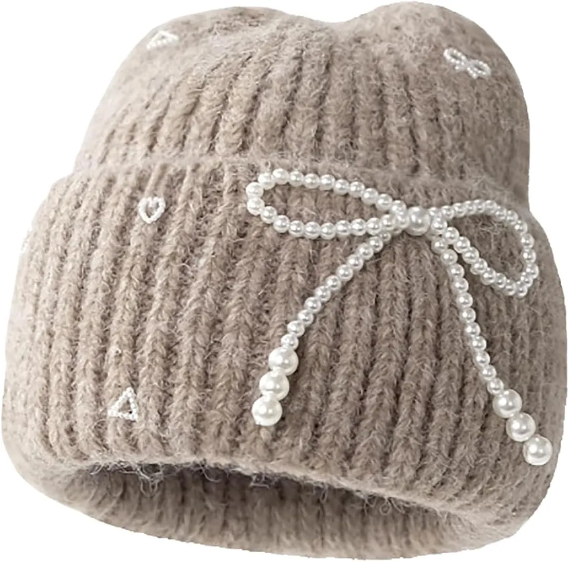 CORIRESHA Women's Cute Pearl Bow Beanie Fashion Cuffed Winter Warm Chunky Rib Knit Hat