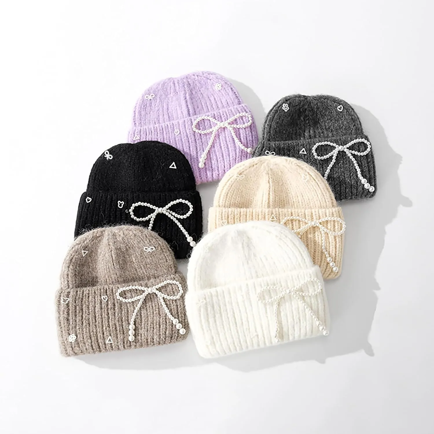 CORIRESHA Women's Cute Pearl Bow Beanie Fashion Cuffed Winter Warm Chunky Rib Knit Hat