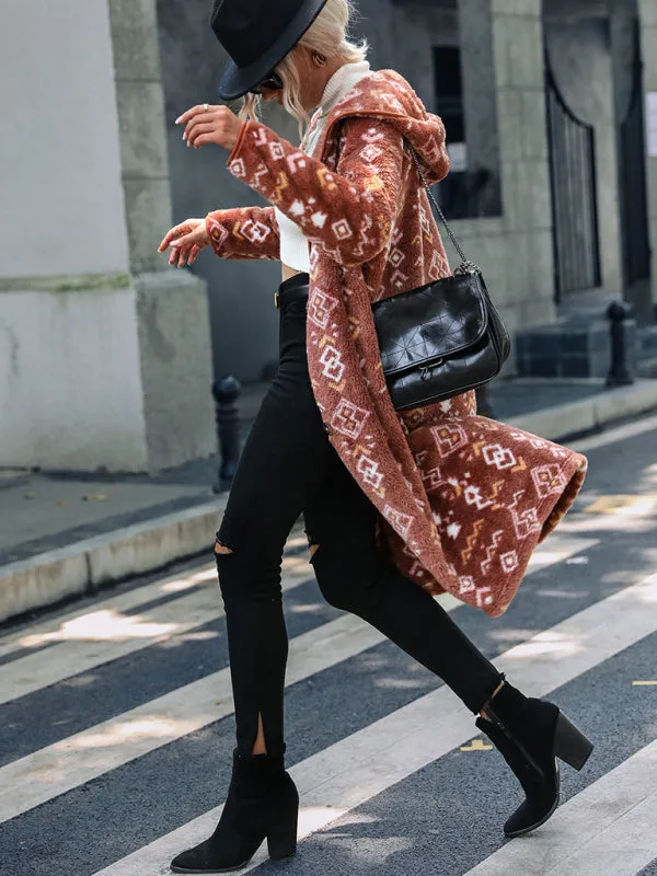 Cozy Outerwear Geo Fuzzy Fleece Hoodie Longline Jacket