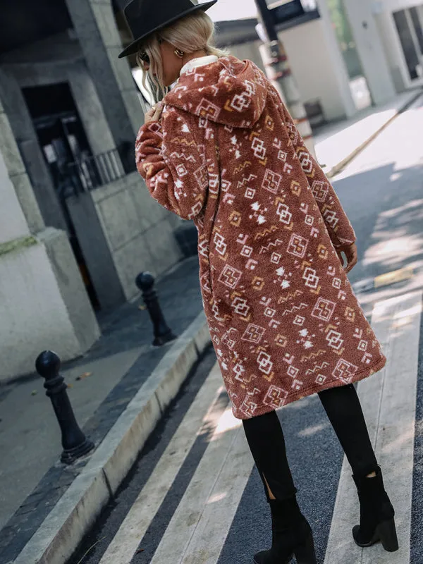 Cozy Outerwear Geo Fuzzy Fleece Hoodie Longline Jacket