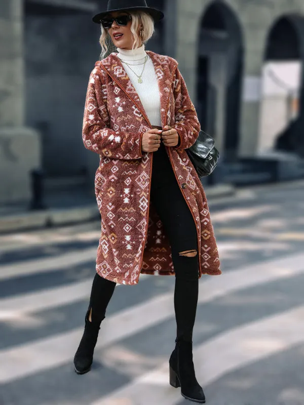 Cozy Outerwear Geo Fuzzy Fleece Hoodie Longline Jacket