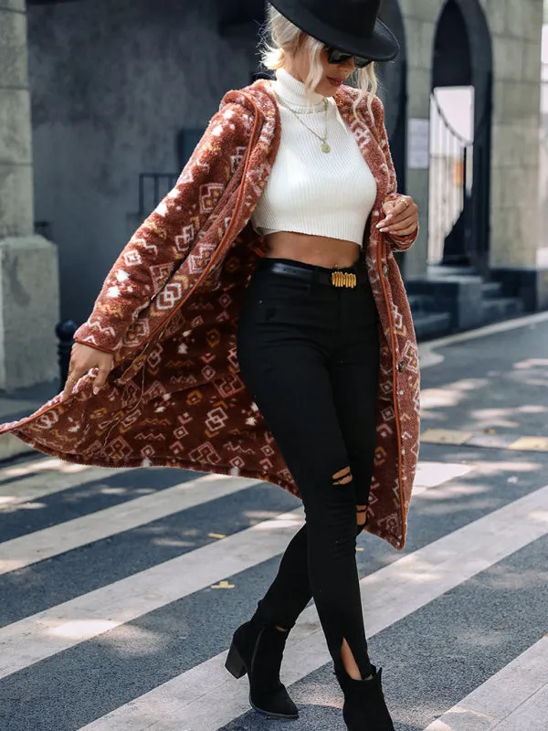 Cozy Outerwear Geo Fuzzy Fleece Hoodie Longline Jacket