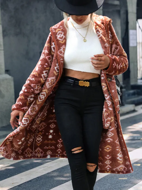 Cozy Outerwear Geo Fuzzy Fleece Hoodie Longline Jacket