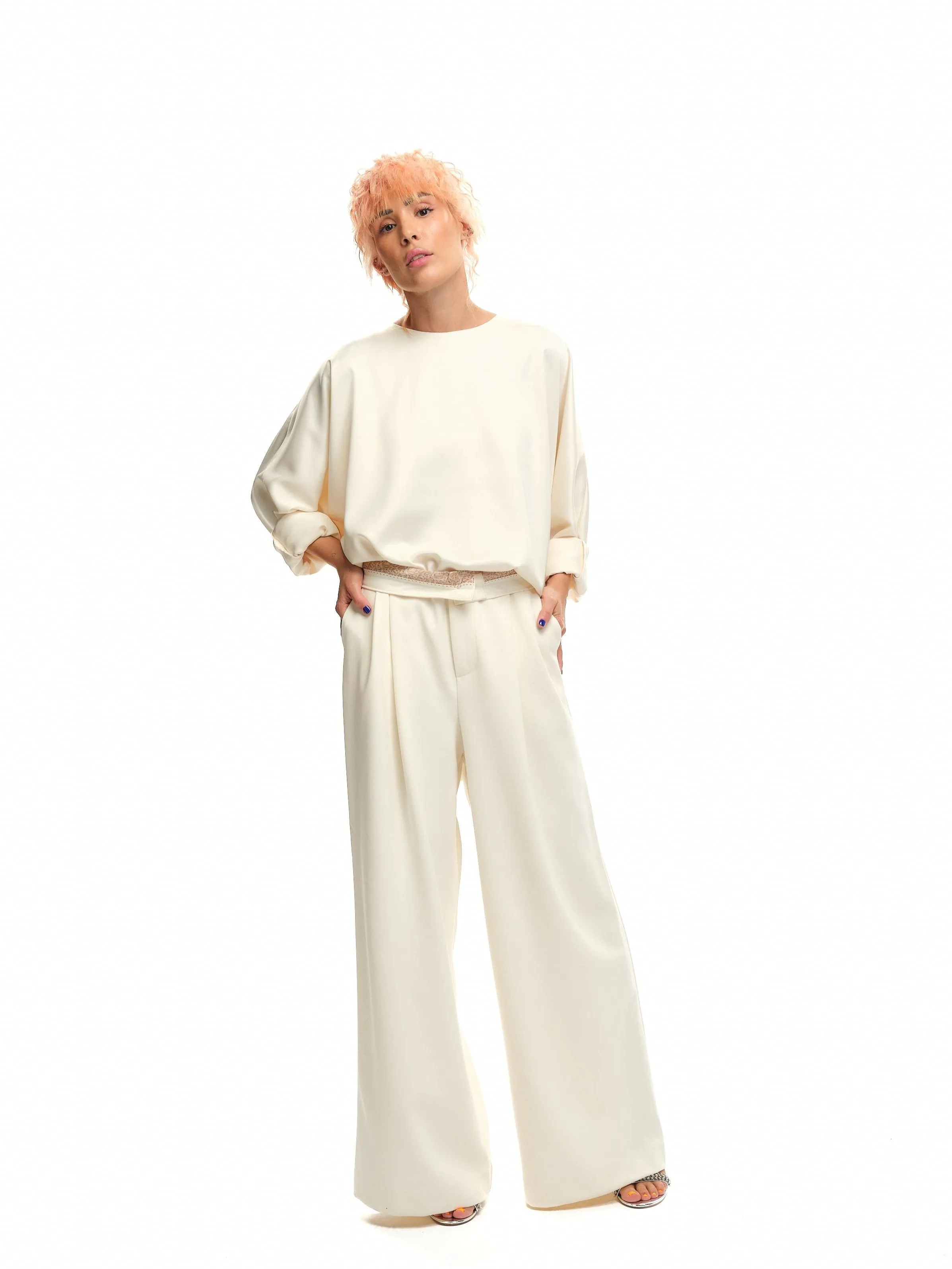 Cream Mid-Rise Wide-Leg Pants