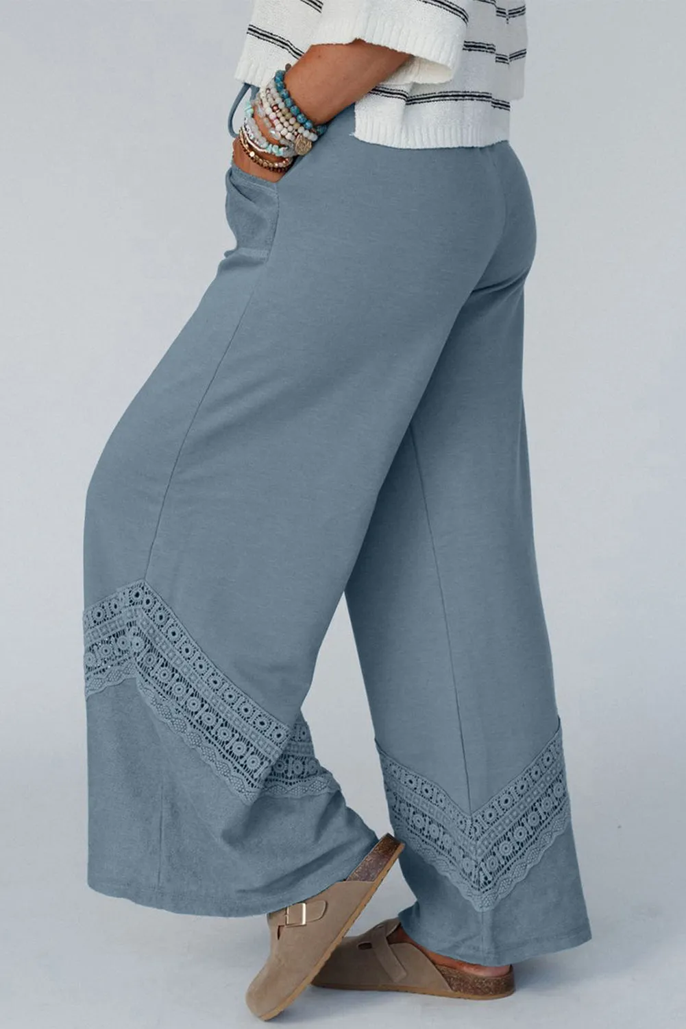 Dusk Blue Lace Crochet Patchwork Drawstring High Waist Wide Leg Pants