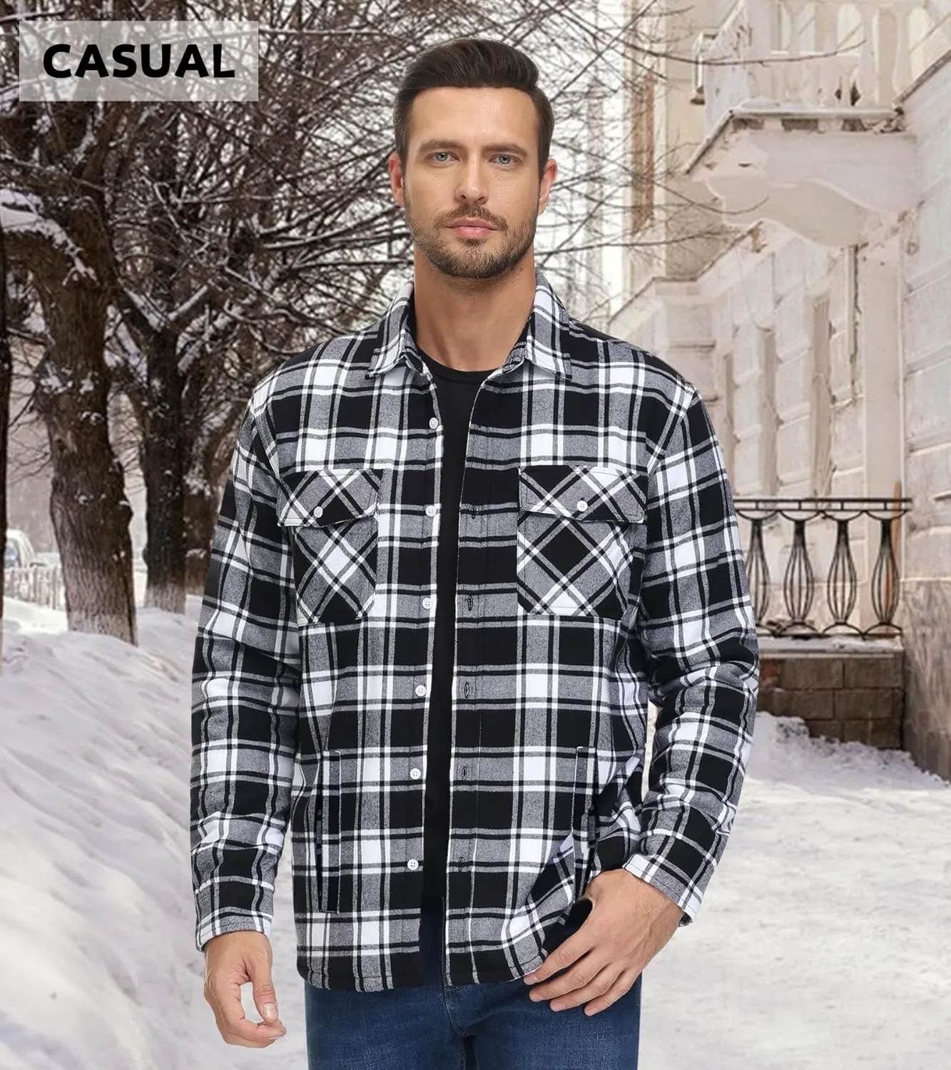 EKLENTSON Men's Flannel Shirt Jacket Thick Fleece Lined Jackets Plaid Sherpa Jacket Cotton Winter Jackets With 5 Pockets
