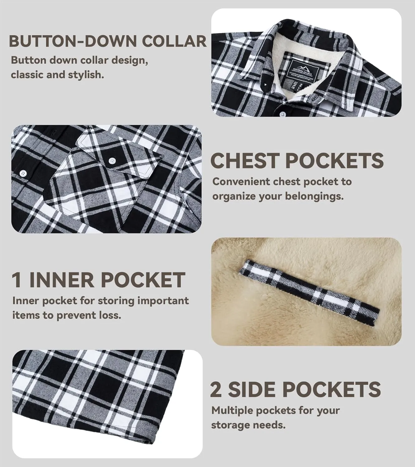 EKLENTSON Men's Flannel Shirt Jacket Thick Fleece Lined Jackets Plaid Sherpa Jacket Cotton Winter Jackets With 5 Pockets