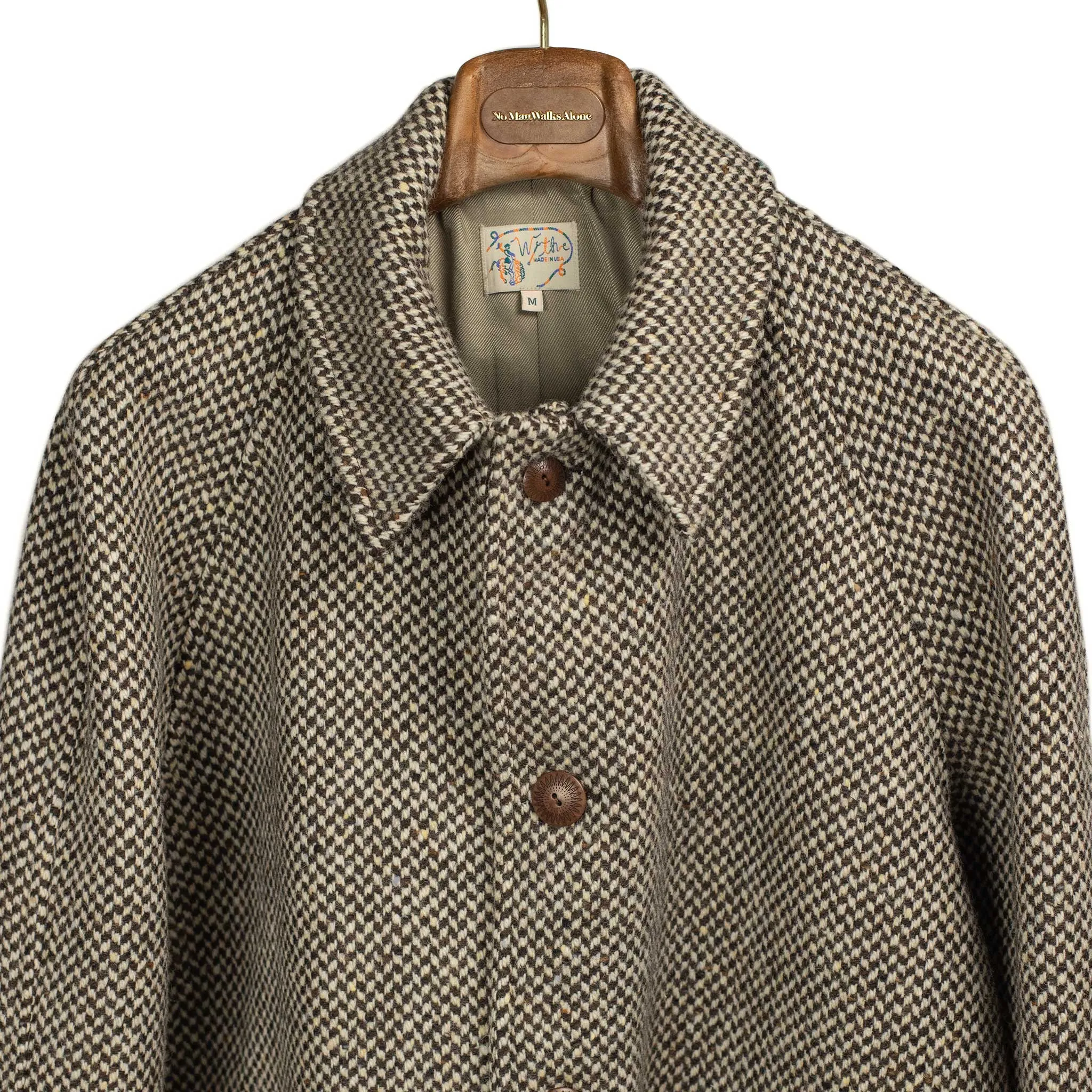 Exclusive Raglan coat in brown and cream donegal wool barleycorn