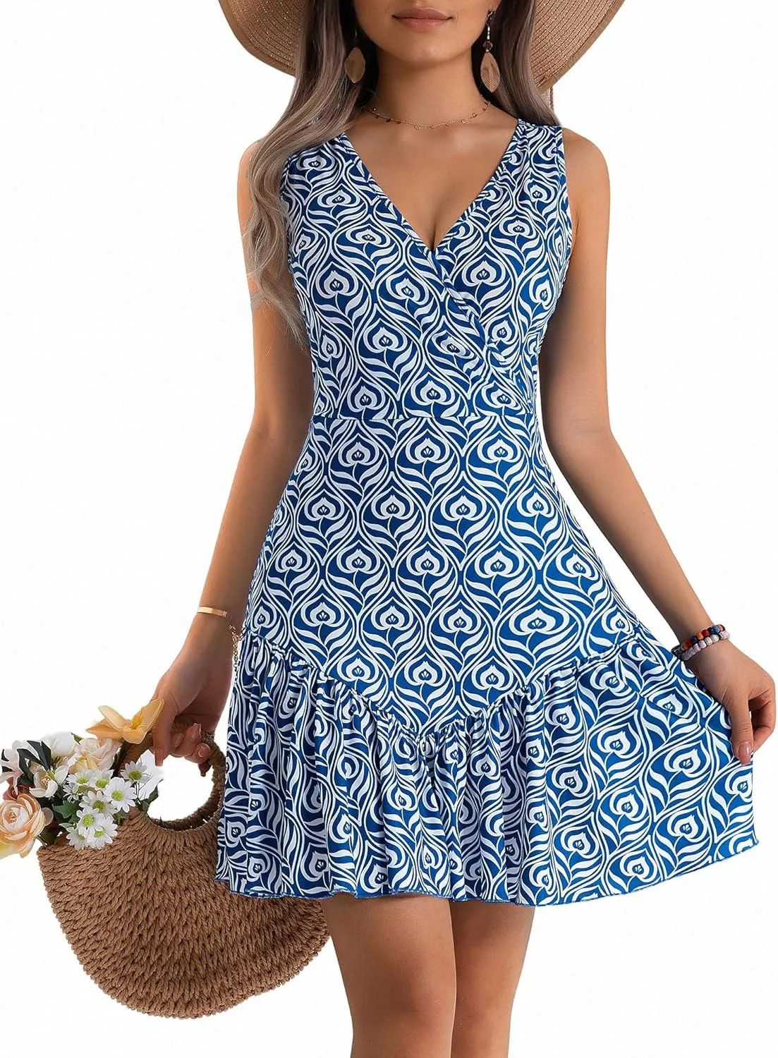FENSACE Women's Summer Sleeveless Sexy Wrap V Neck Floral Sundress Mini Dress