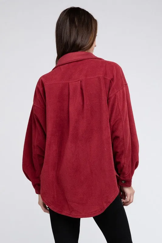Fleece Burgundy Red Buttoned Down Oversized Jacket