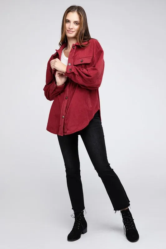 Fleece Burgundy Red Buttoned Down Oversized Jacket