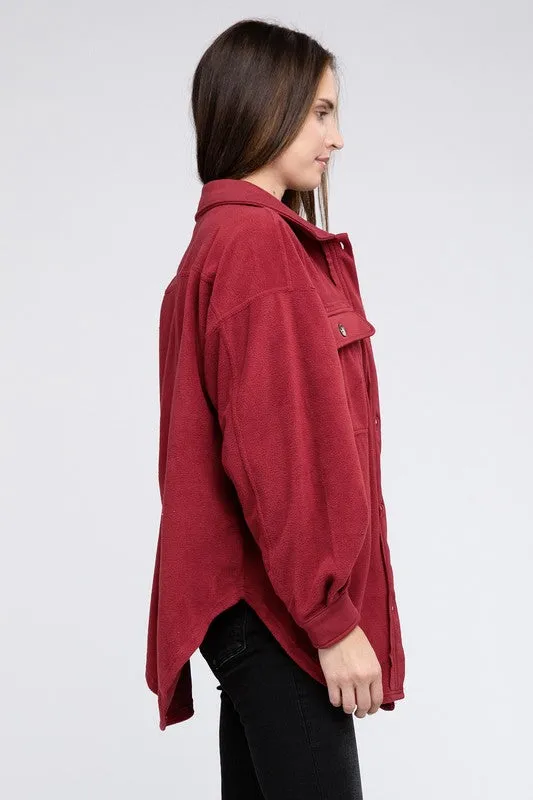 Fleece Burgundy Red Buttoned Down Oversized Jacket