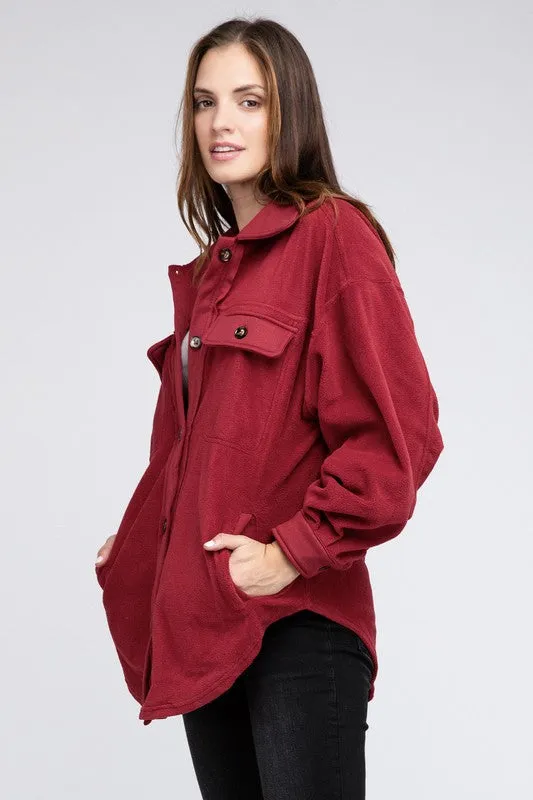 Fleece Burgundy Red Buttoned Down Oversized Jacket