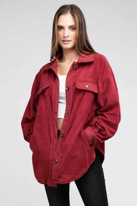 Fleece Burgundy Red Buttoned Down Oversized Jacket