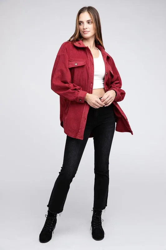 Fleece Burgundy Red Buttoned Down Oversized Jacket