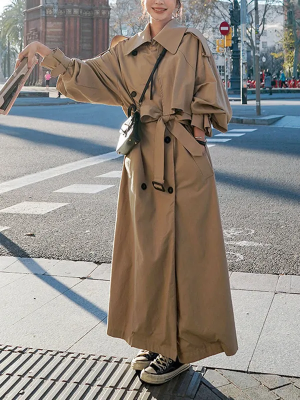Flytonn-Winter Outfits Christmas Thanksgiving Gift New Year's Eve Outwear Long Sleeves Loose Buckle Buttoned Split-Back Tied Waist Lapel Outerwear Trench Coats