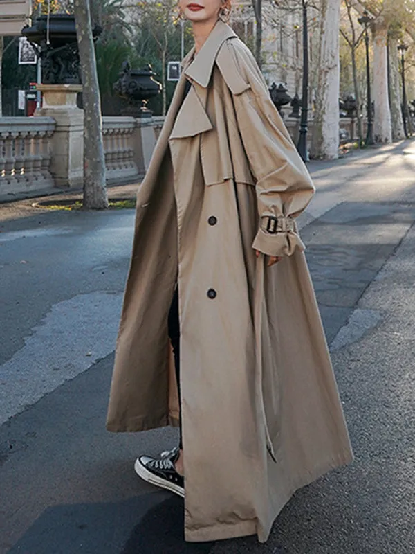 Flytonn-Winter Outfits Christmas Thanksgiving Gift New Year's Eve Outwear Long Sleeves Loose Buckle Buttoned Split-Back Tied Waist Lapel Outerwear Trench Coats