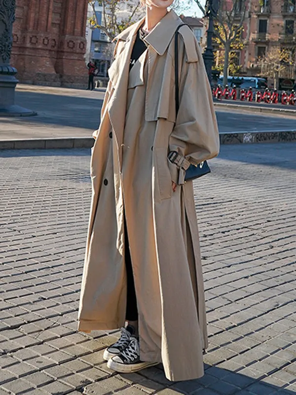 Flytonn-Winter Outfits Christmas Thanksgiving Gift New Year's Eve Outwear Long Sleeves Loose Buckle Buttoned Split-Back Tied Waist Lapel Outerwear Trench Coats