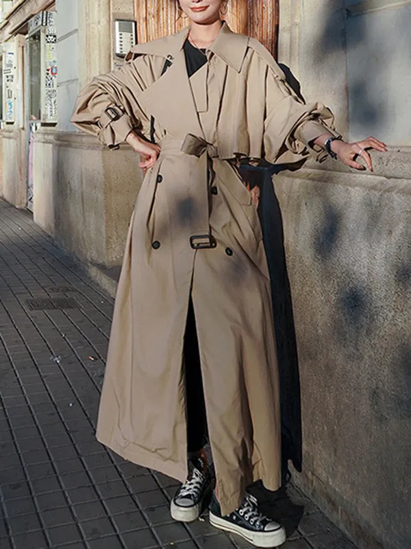 Flytonn-Winter Outfits Christmas Thanksgiving Gift New Year's Eve Outwear Long Sleeves Loose Buckle Buttoned Split-Back Tied Waist Lapel Outerwear Trench Coats