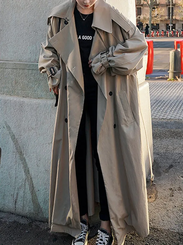 Flytonn-Winter Outfits Christmas Thanksgiving Gift New Year's Eve Outwear Long Sleeves Loose Buckle Buttoned Split-Back Tied Waist Lapel Outerwear Trench Coats
