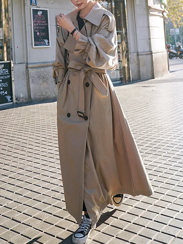 Flytonn-Winter Outfits Christmas Thanksgiving Gift New Year's Eve Outwear Long Sleeves Loose Buckle Buttoned Split-Back Tied Waist Lapel Outerwear Trench Coats