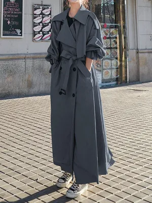 Flytonn-Winter Outfits Christmas Thanksgiving Gift New Year's Eve Outwear Long Sleeves Loose Buckle Buttoned Split-Back Tied Waist Lapel Outerwear Trench Coats