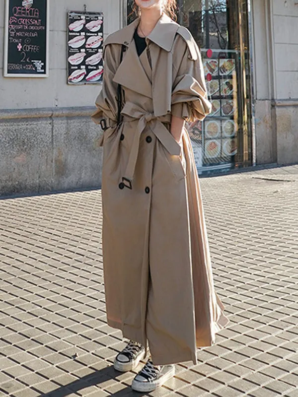 Flytonn-Winter Outfits Christmas Thanksgiving Gift New Year's Eve Outwear Long Sleeves Loose Buckle Buttoned Split-Back Tied Waist Lapel Outerwear Trench Coats