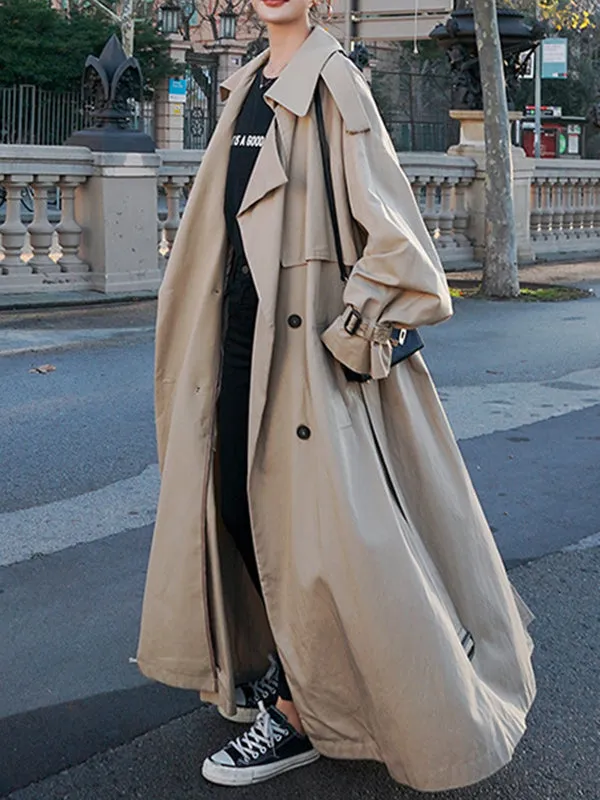 Flytonn-Winter Outfits Christmas Thanksgiving Gift New Year's Eve Outwear Long Sleeves Loose Buckle Buttoned Split-Back Tied Waist Lapel Outerwear Trench Coats