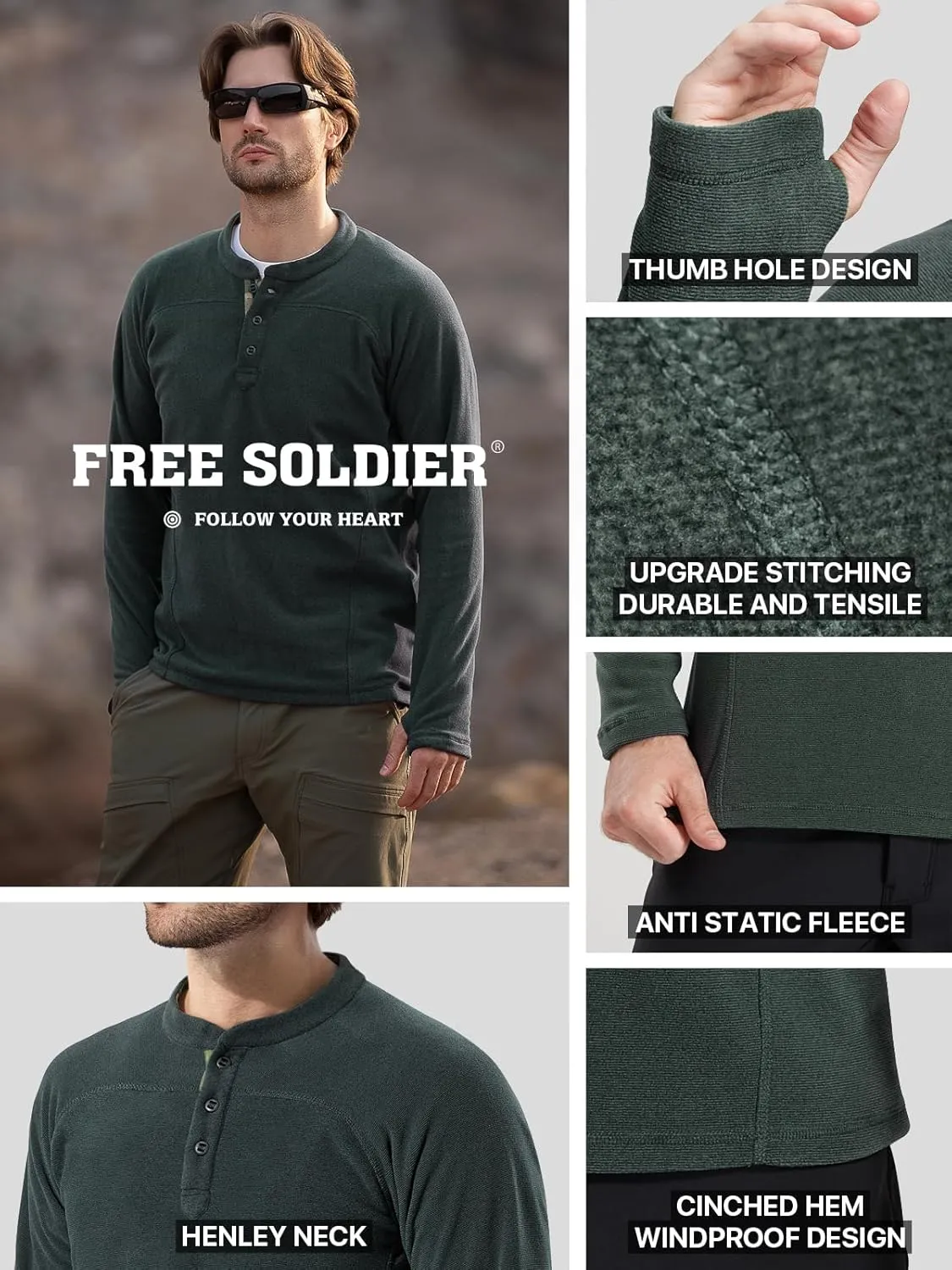 FREE SOLDIER Men's Thermal Henley Long Sleeve Shirts Fleece Pullover Sweaters Lightweight Sweatshirts