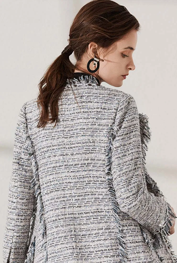 Fringed Blue Tweed Double Breasted Long Coat