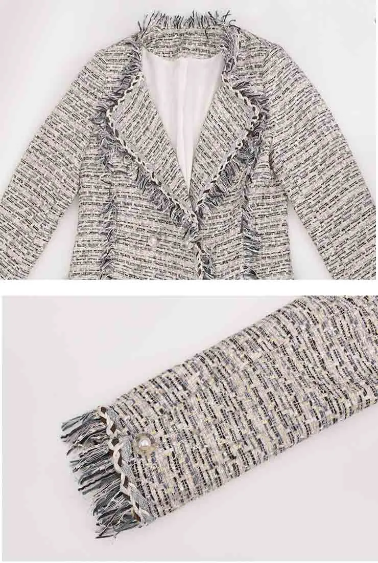 Fringed Blue Tweed Double Breasted Long Coat