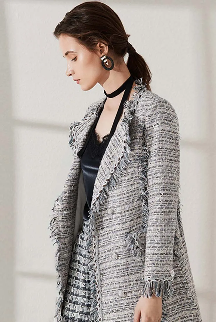 Fringed Blue Tweed Double Breasted Long Coat