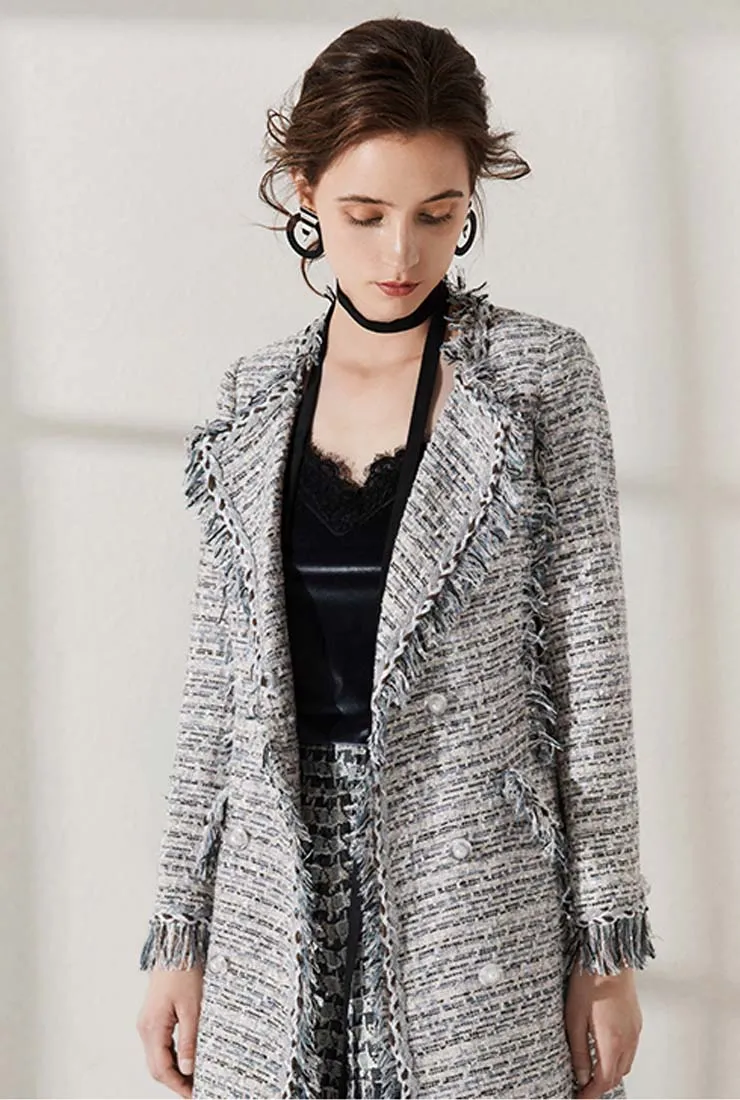 Fringed Blue Tweed Double Breasted Long Coat
