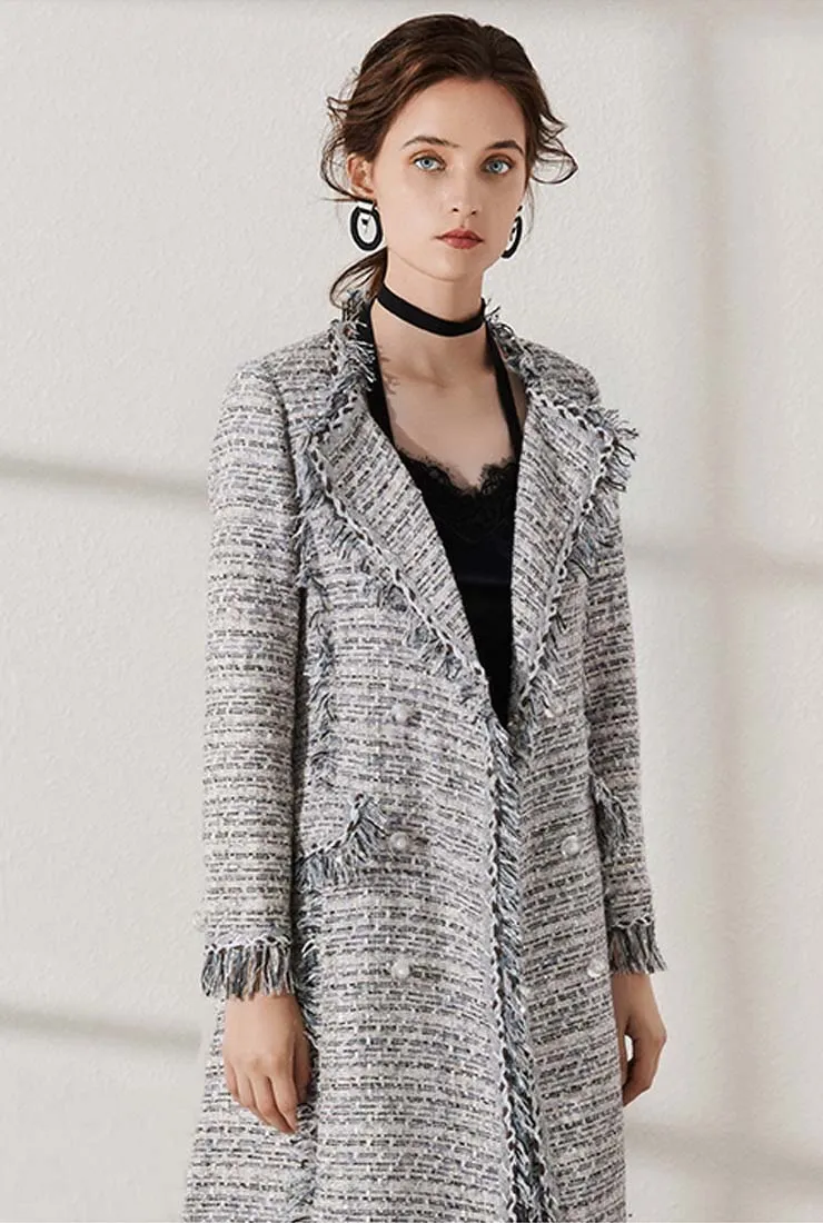 Fringed Blue Tweed Double Breasted Long Coat