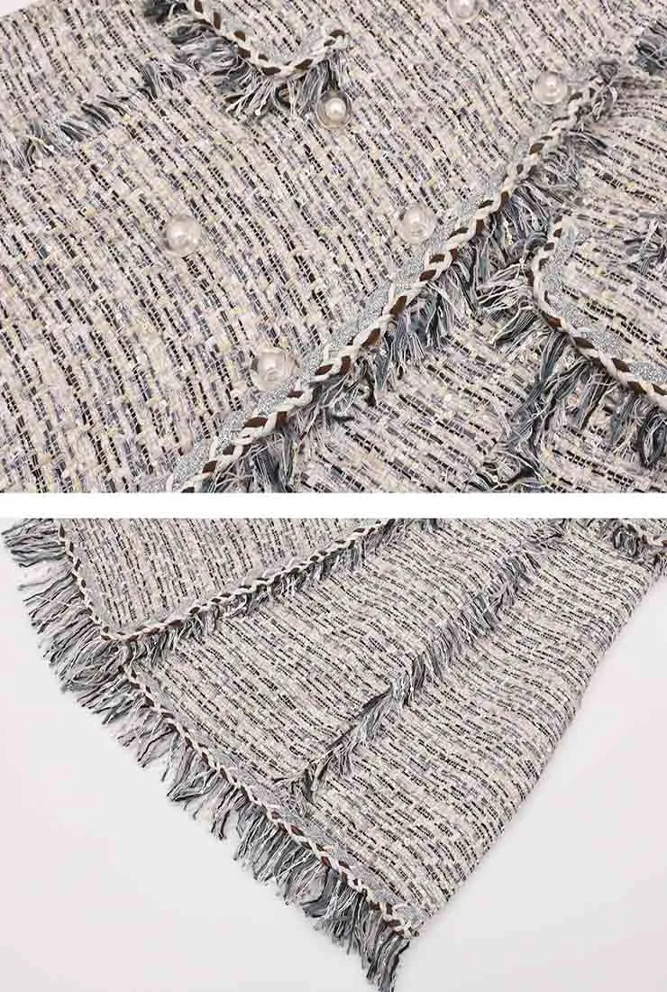 Fringed Blue Tweed Double Breasted Long Coat