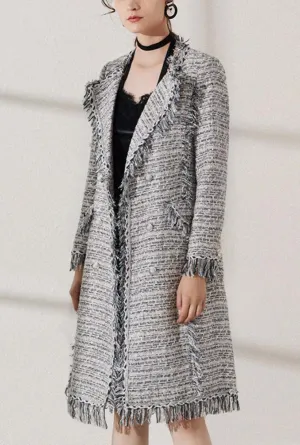 Fringed Blue Tweed Double Breasted Long Coat