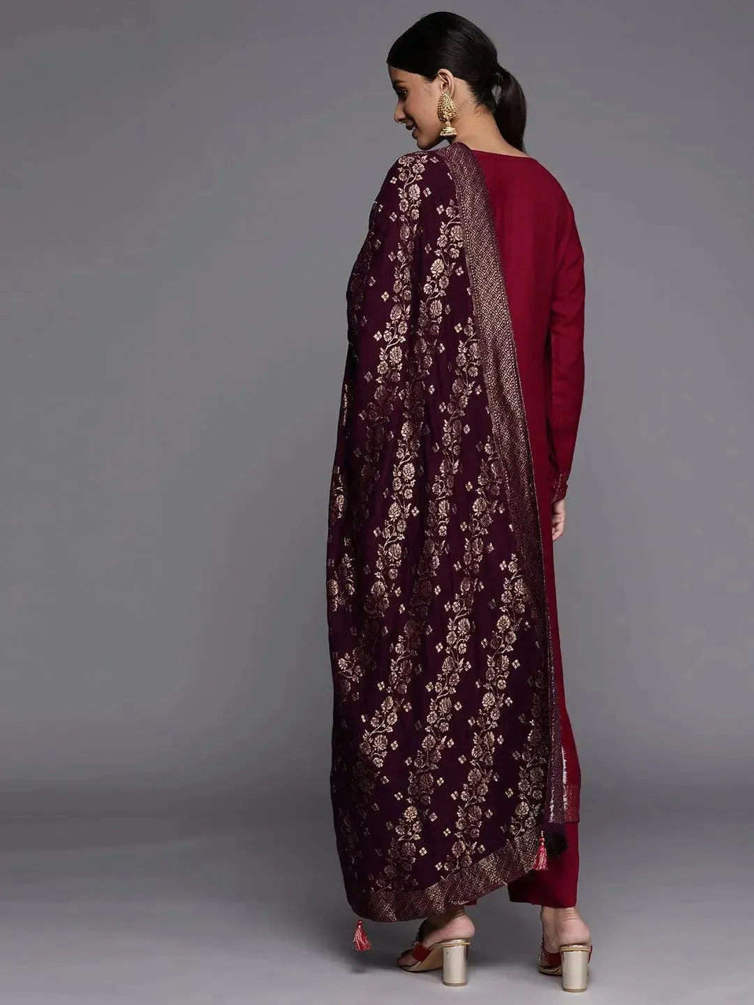 Fuchsia Self Design Pashmina Wool Straight Kurta With Dupatta