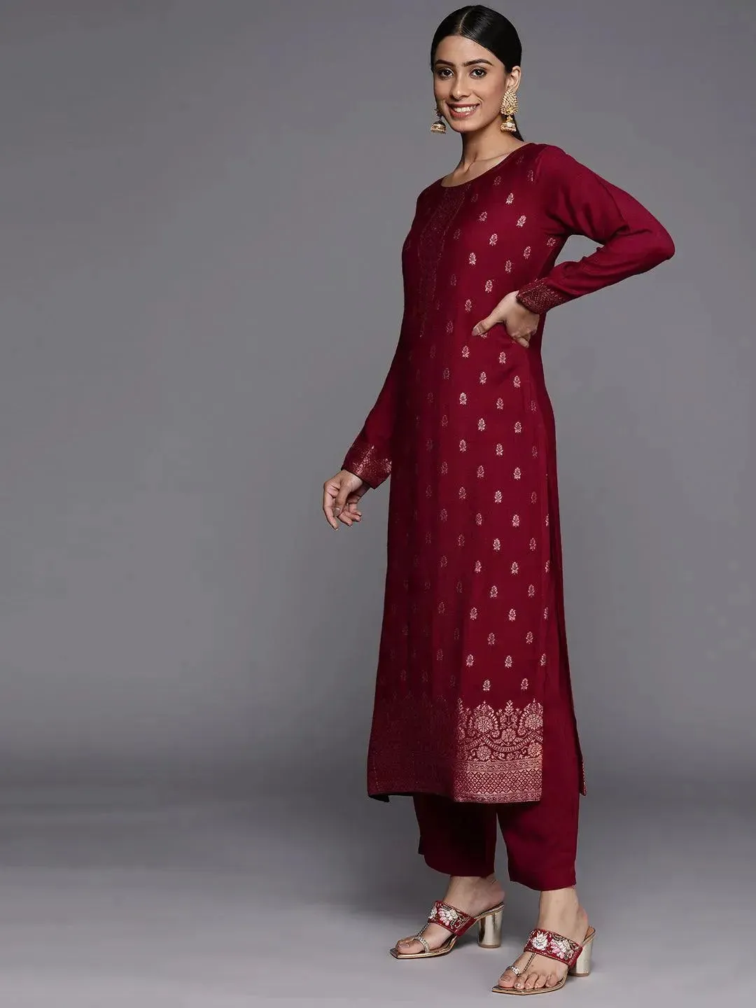 Fuchsia Self Design Pashmina Wool Straight Kurta With Dupatta