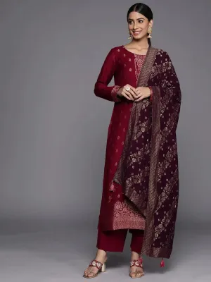 Fuchsia Self Design Pashmina Wool Straight Kurta With Dupatta