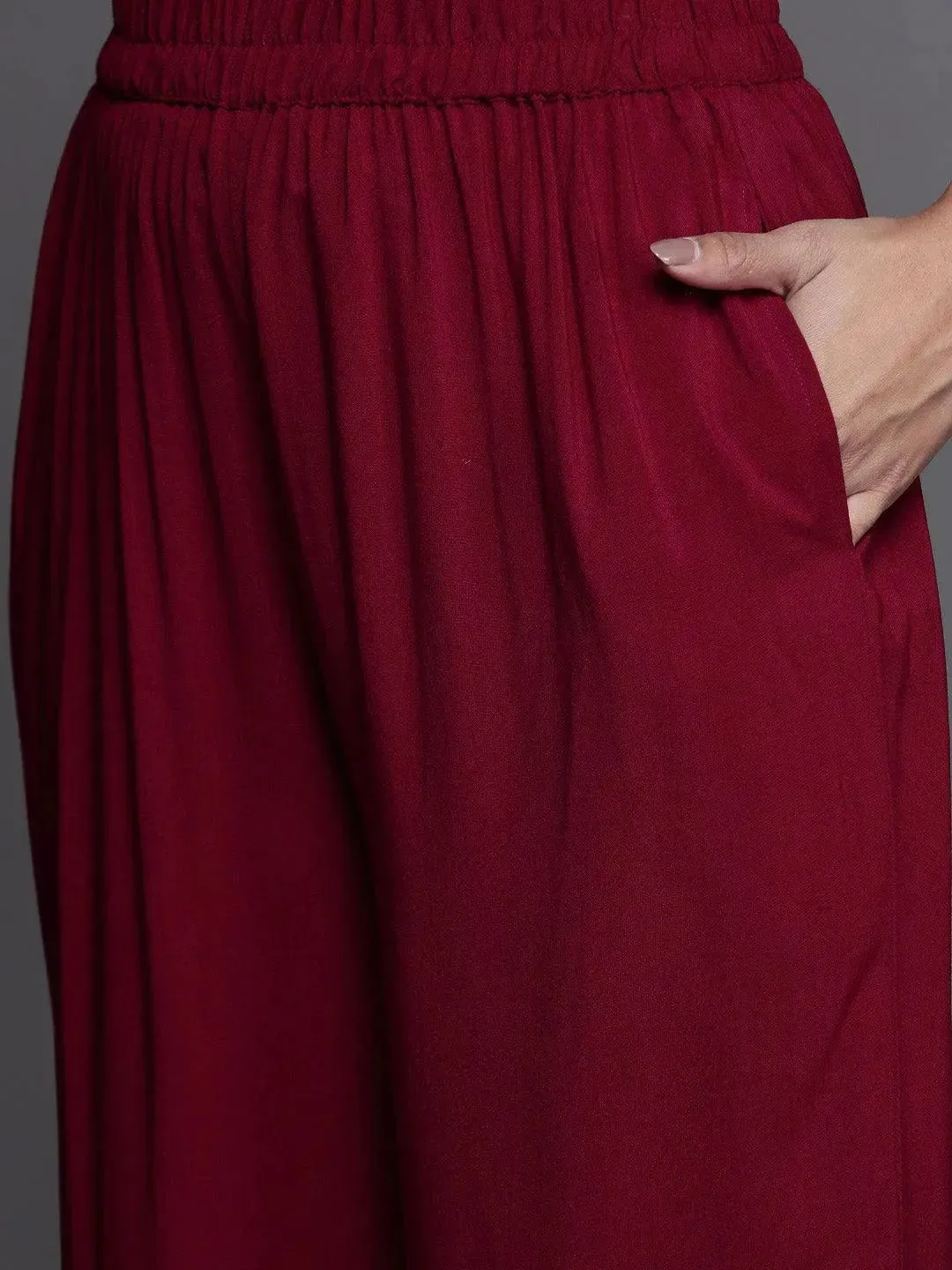 Fuchsia Self Design Pashmina Wool Straight Kurta With Dupatta
