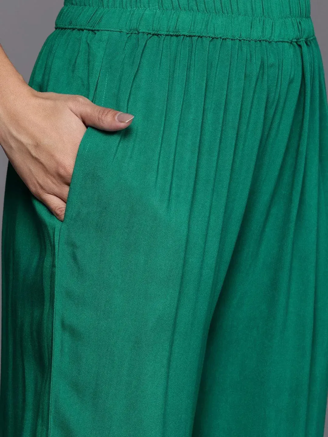 Green Self Design Pashmina Wool Straight Kurta With Dupatta