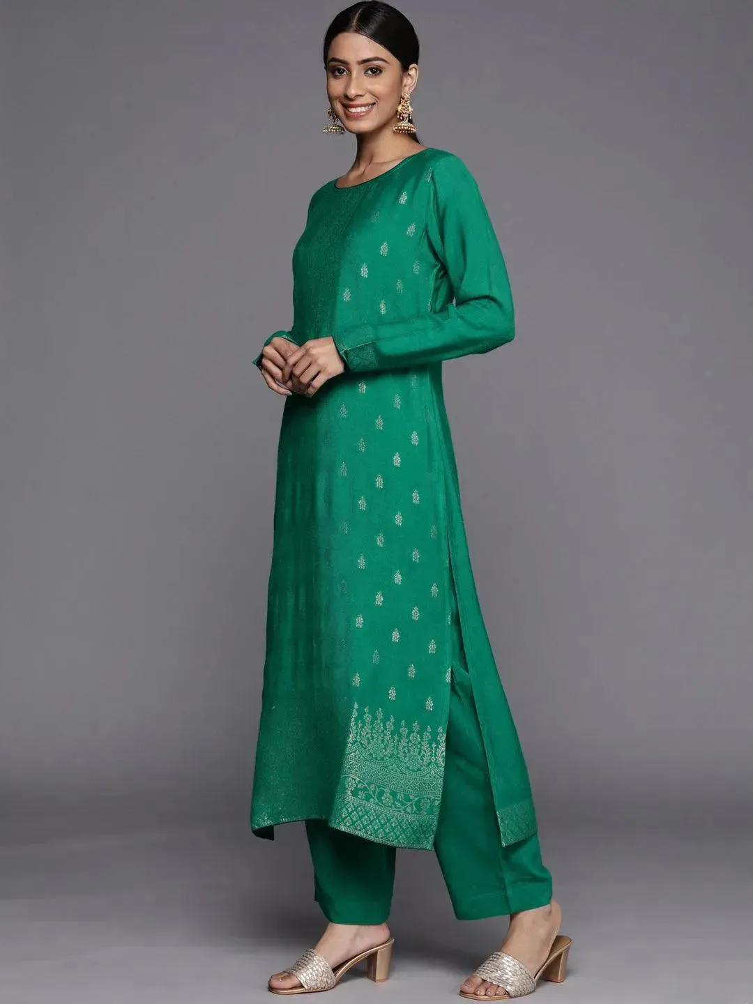Green Self Design Pashmina Wool Straight Kurta With Dupatta