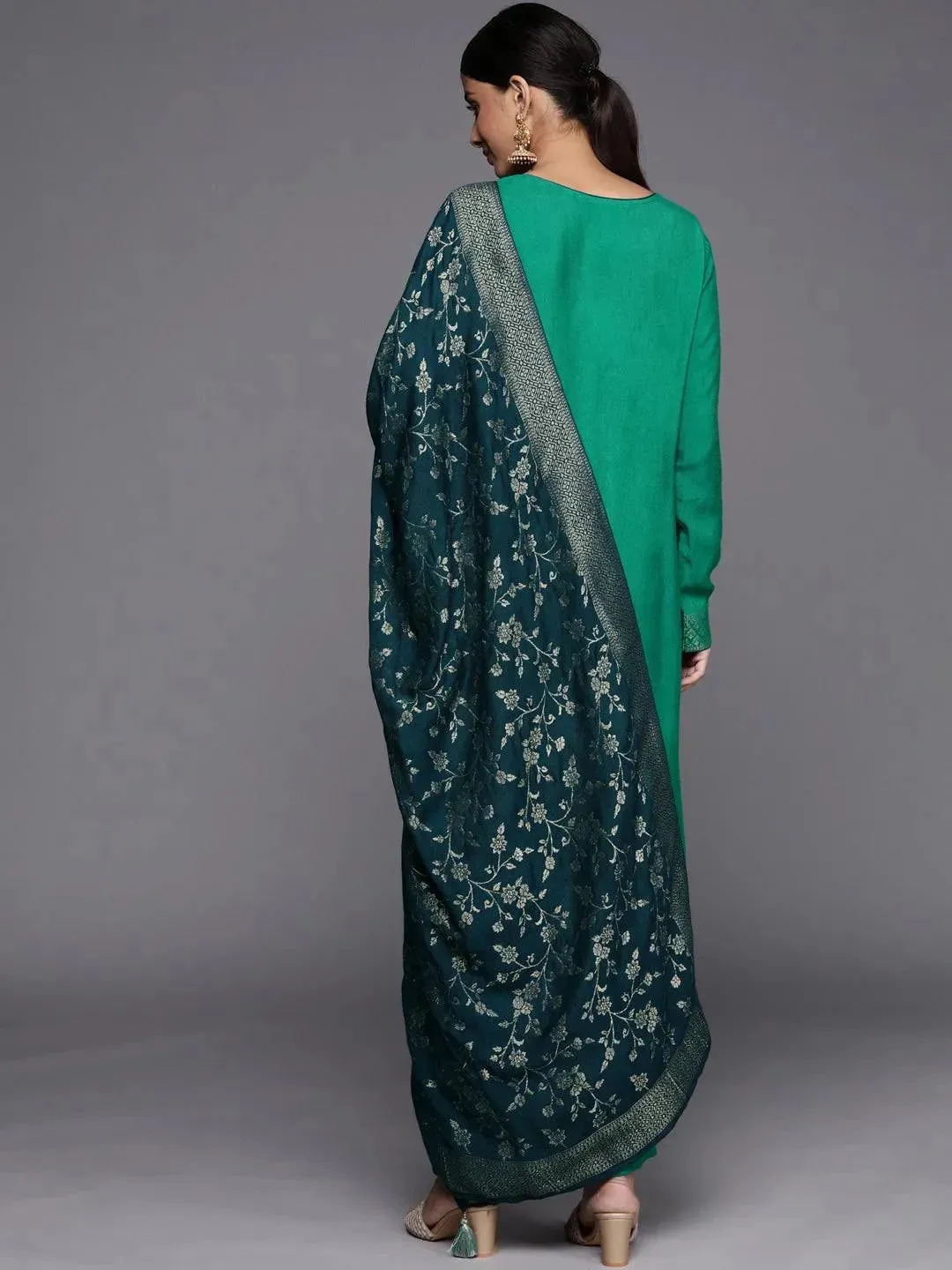 Green Self Design Pashmina Wool Straight Kurta With Dupatta