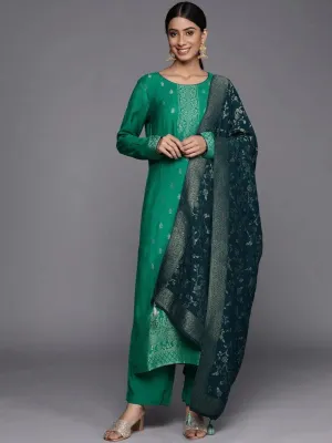 Green Self Design Pashmina Wool Straight Kurta With Dupatta