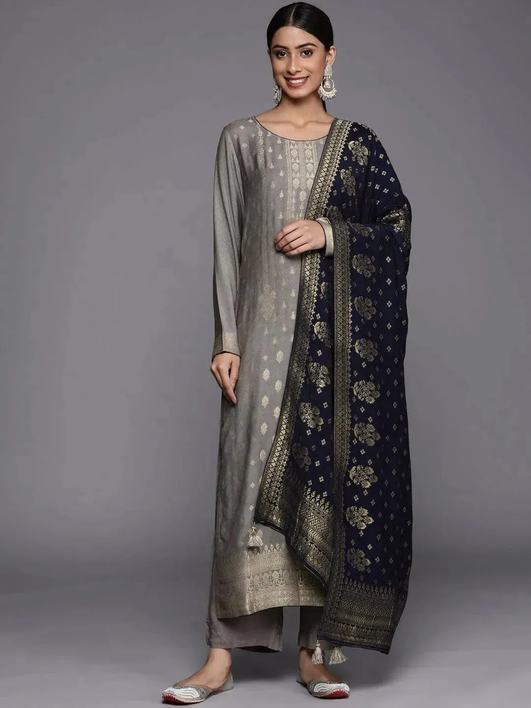 Grey Self Design Pashmina Wool Straight Kurta With Dupatta