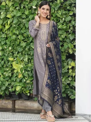 Grey Self Design Pashmina Wool Straight Kurta With Dupatta