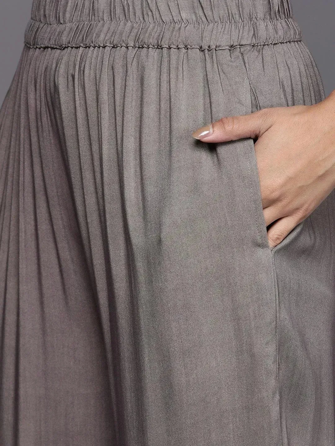 Grey Self Design Pashmina Wool Straight Kurta With Dupatta